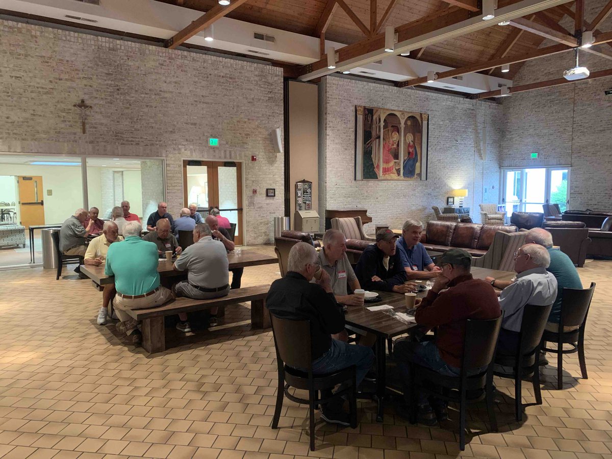 SetonCarmel's tweet photo. It’s Wednesday which means it’s a Romeo’s (Retired Old Men Eating Out) morning at Seton. Catch this lively group in the family room after the 7:45am Mass most every Wednesday for great conversation, amazing stories of faith, and top notch breakfast food. https://t.co/gm0ksBVyMV