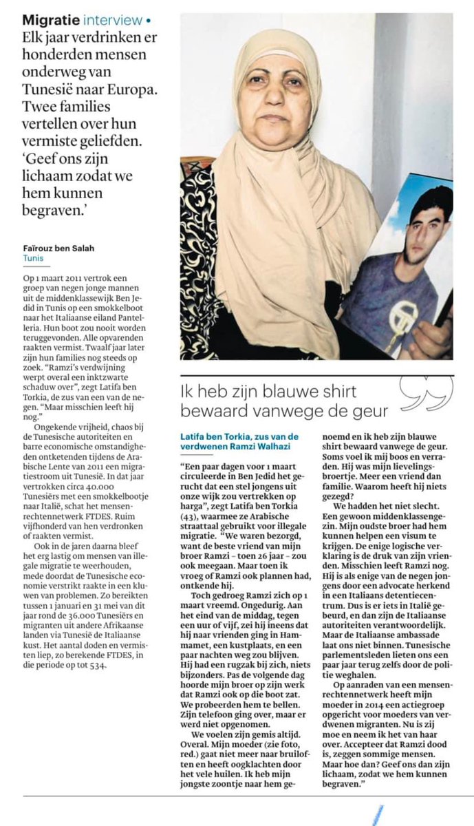 حوار لطيفة الولهازي مع الصحافة الهولندية حول موضوع #الهجرة غير النظامية في #تونس و ما شهدته العائلة اثر اختفاء أخيها رمزي الولهازي منذ غرة مارس 2011 

L'interview de Latifa Walhazi avec la presse #néerlandaise sur la question de la #migration en #Tunisie.