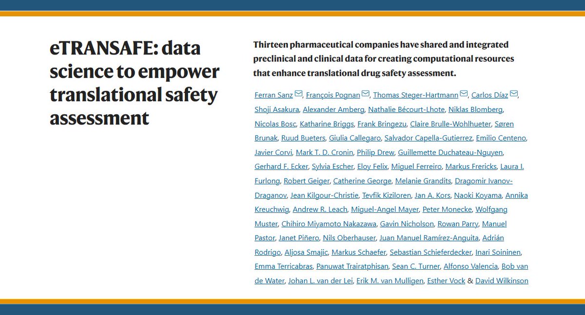 eTRANSAFE article detailing project achievements has been published in Nature Reviews Drug Discovery:

nature.com/articles/d4157…

#drugsafety #toxicology