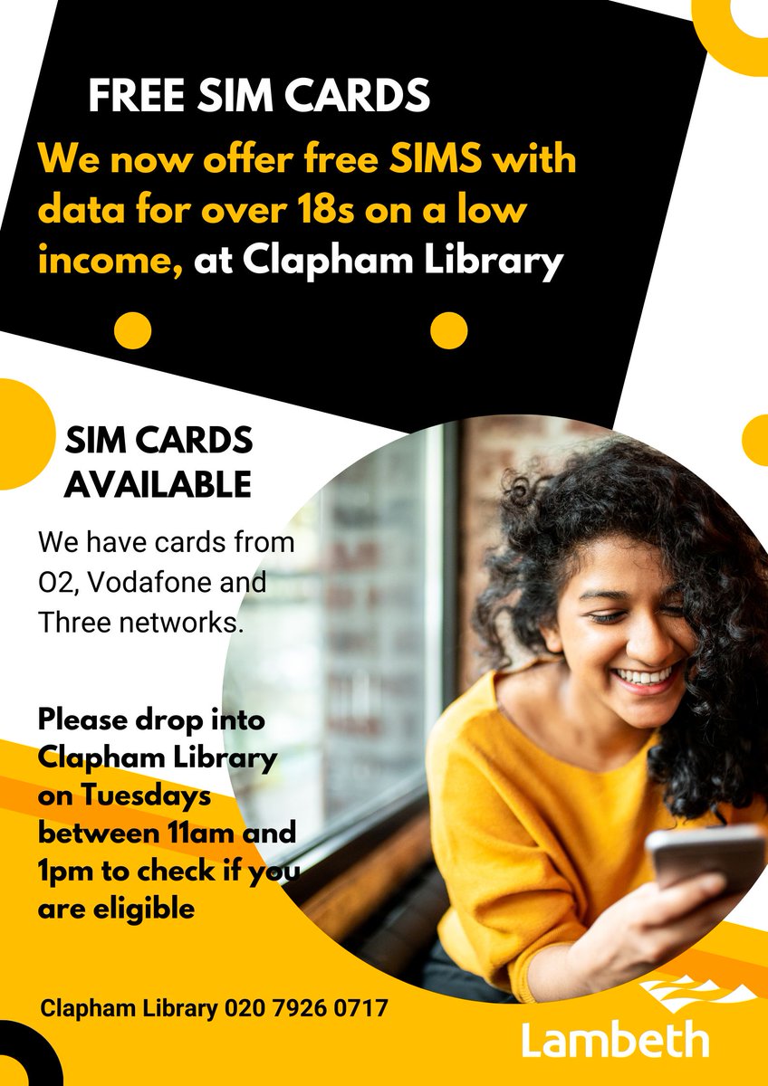 claphamlib's tweet image. In conjunction with @GoodThingsFdn and courtesy of mobile phone network operators 3, O2 and Vodafone @claphamlib are offering free Sim cards to over 18s on a low income. To receive your free Sim card drop into Clapham Library Tuesdays 11am to 1pm. #simcardregistration