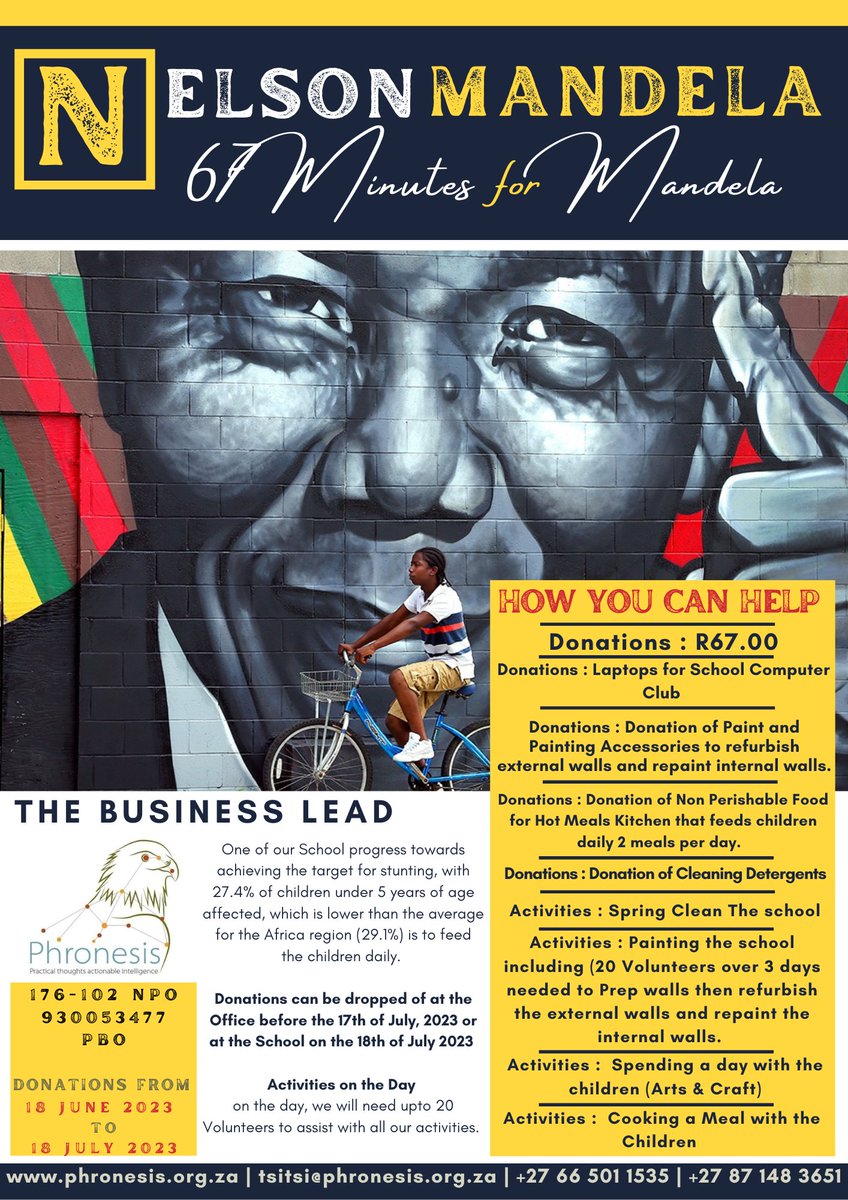 phronesis_sdt's tweet photo. Nelson Mandela Day Initiative..
Donations can be dropped of at the Office before the 17th of July, 2023 or at the School on the 18th of July 2023 

Activities on 18 July..
On the day, we will need upto 20 Volunteers for all our activities.

SeeYouOn18July
#67MinutesForMadiba https://t.co/oahHmyiPuH
