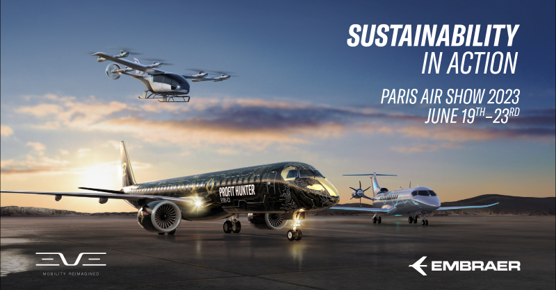 embraer's tweet photo. Paris Air Show​ Embraer Pavilion​ June 19th-23rd

Three incredible aircraft. E2, Eve, Energia. Visit our Sustainability in Action experience and discover how we’re leading the way in aviation’s journey to net zero. See you there!​

#SustainabilityInAction, #PAS23 #ParisAirShow23