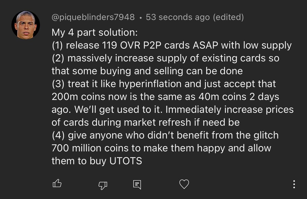 99rkreddy's tweet photo. What do you think guys? Looks like very good solution, but I think instead of giving 700m coins they should give like 1-3B coins and give 4-5 UTOTS to the ones who missed out! https://t.co/vwHFel0a4p