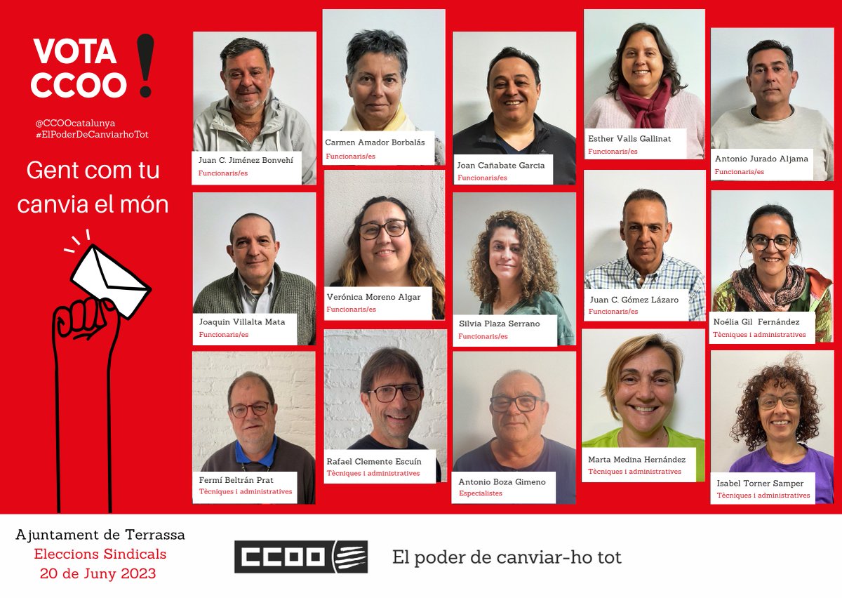 ccoo_AjTerrassa's tweet photo. Persones candidates als primers llocs a les llistes de personal funcionari i laboral de #CCOO👇

1⃣ equip divers, representatiu de tot l'@ajterrassa

Amb representants antics que hi aportaran expertesa  i d'altres que es presenten per 1r cop plens d'il·lusió

El 20J, vota CCOO‼️ https://t.co/lOZ3KKgV3d