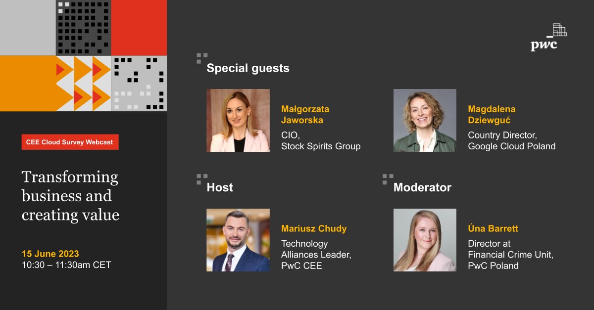 Join us for the cloud webcast tomorrow. Our panellists will share their insights on how cloud transformation is driving business value. We'll talk about cloud maturity, cloud-powered companies, stakeholder collaboration and new business models. Register: pwc.to/45HWnVD