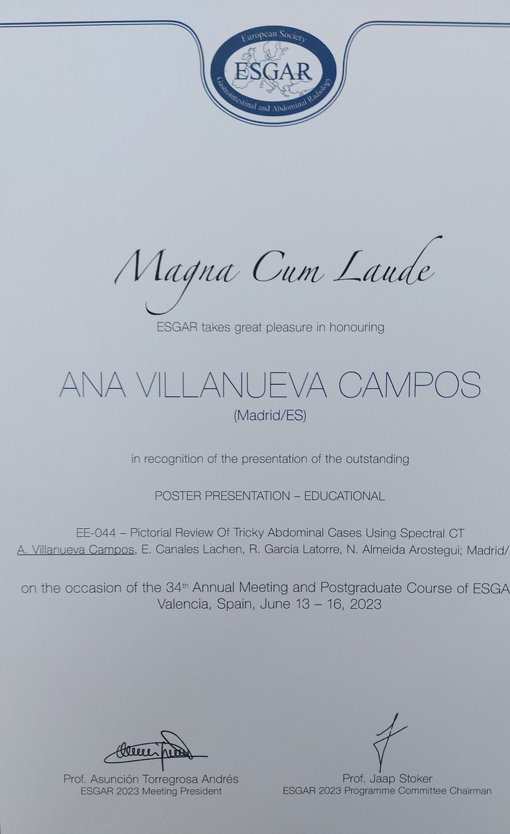 Ana Villanueva (@anavillanuevaca) on Twitter photo Thank you <a href="/EsgarSociety/">ESGAR</a> for the Magna Cum Laude award of this #Esgar2023.
This award is not only mine but also from my colleagues Dra.Canales, Dra. Garcia Latorre and <a href="/nicoalmeidaa/">nicolas almeida</a> and great collaboration of <a href="/CtSpectral/">Gopal Punjabi</a> Thank you <a href="/EsgarSociety/">ESGAR</a> for the Magna Cum Laude award of this #Esgar2023.
This award is not only mine but also from my colleagues Dra.Canales, Dra. Garcia Latorre and <a href="/nicoalmeidaa/">nicolas almeida</a> and great collaboration of <a href="/CtSpectral/">Gopal Punjabi</a>