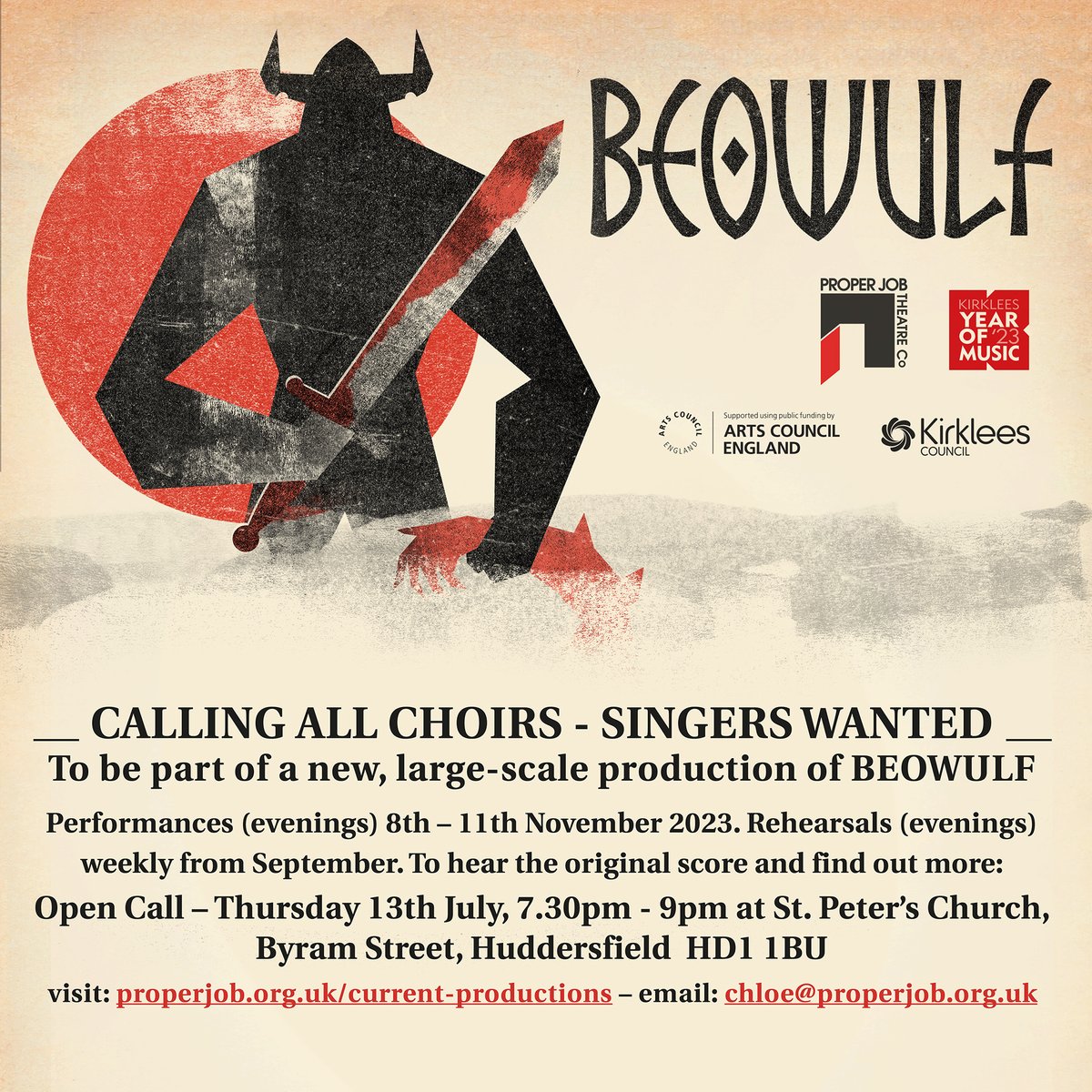 Music in Kirklees (@musicinkirklees) on Twitter photo Singers wanted! <a href="/ProperJobTheatr/">Proper Job Theatre</a> are staging a new, large-scale production of BEOWULF in Nov, & is looking for singers to join them.
You must be available for weekly rehearsals from Sept & for performances in November. To find out more, visit: musicinkirklees.co.uk/en-UK/page/648…
#KYOM23 Singers wanted! <a href="/ProperJobTheatr/">Proper Job Theatre</a> are staging a new, large-scale production of BEOWULF in Nov, & is looking for singers to join them.
You must be available for weekly rehearsals from Sept & for performances in November. To find out more, visit: musicinkirklees.co.uk/en-UK/page/648…
#KYOM23