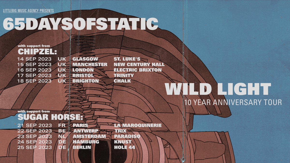 🇬🇧 From @65dos Morning all. Very excited to announce our tour supports for the Wild Light shows in September.

Tour supports for all UK dates = @chipzel (whose account seems to suspended right now?)

TICKETS: 65daysofstatic.com/Live/ #chiptune #chiptuneshows