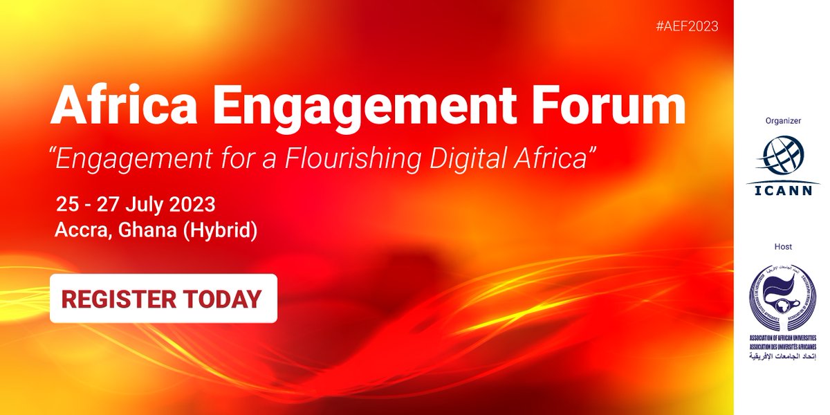 ICANN's tweet photo. #ICANN is pleased to announce the 2nd Edition of the Africa Engagement Forum!
The hybrid event takes place in Accra, Ghana, on 25-27 July 2023. To learn more > https://t.co/QYvELpwrM8
Interpretation in French and Portuguese will be available.
#OneWorldOneInternet #AEF2023 @AAU_67 https://t.co/ZiPFb6Zr27