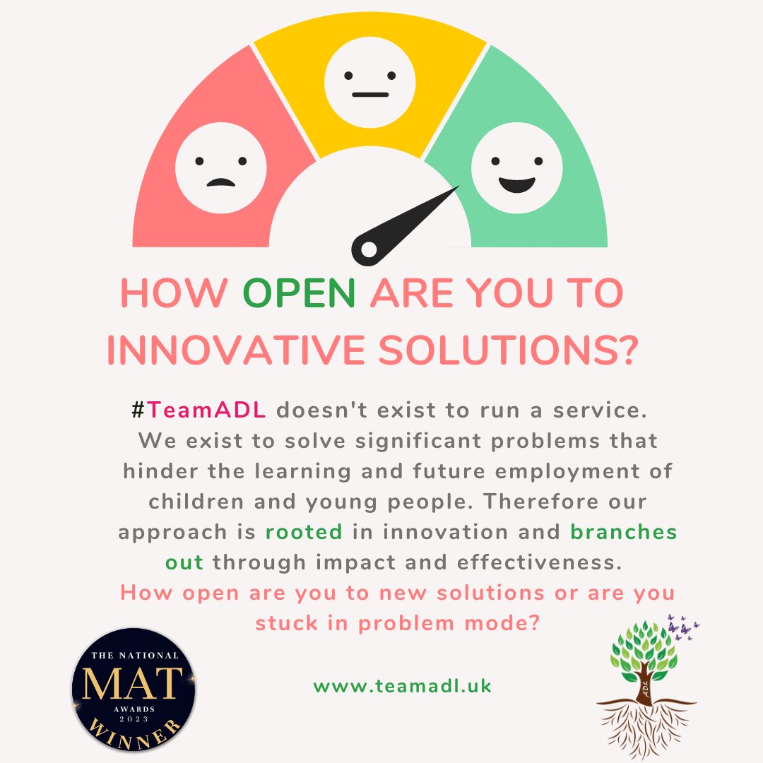 From @Butterflycolour #TeamADL

'All my mtgs this week have led to ONE question in #education 👇🏻 I would further ask what would shift your openness to a new idea?  Aligned values, celebratory status, new trend or ?? As educators we have solutions, yet we are fixated on problems.'