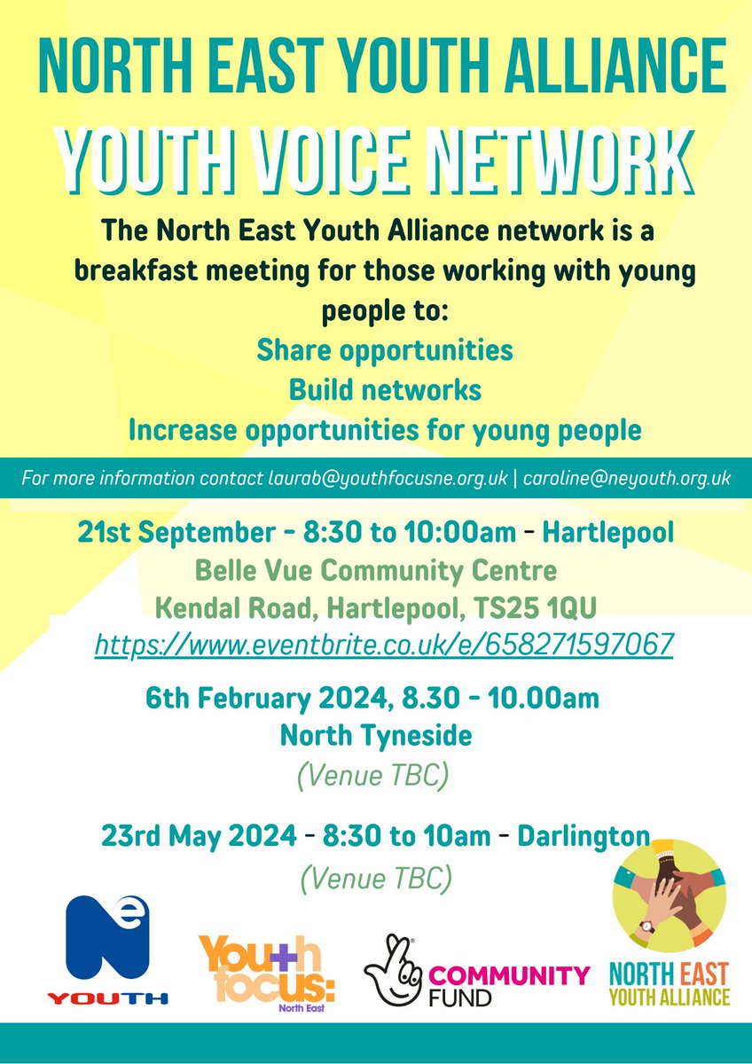 Work with young people in NE? Join our network breakfast meetings.
Share opportunities
Build networks
Increase opportunities for young people
Next meeting 21st September, Belle Vue Community Centre, Hartlepool
Book eventbrite.co.uk/e/658271597067
#youthstartshere #youthworkers #network