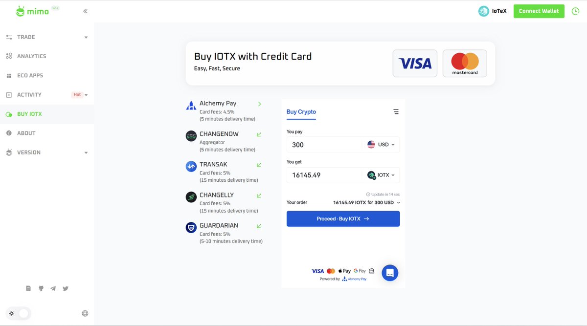 mimo protocol (@mimoprotocol) on Twitter photo 1/3 💳 Great news for #mimo users! <a href="/AlchemyPay/">Alchemy Pay|$ACH: Fiat-Crypto Payment Gateway</a> is now officially integrated as the default payment channel on 🌐 mimo.exchange/creditcard. Go and buy/sell $IOTX via fiat on #mimo in a compliant, secure and seamless way!
#AlchemyPay #IOTX #crypto 1/3 💳 Great news for #mimo users! <a href="/AlchemyPay/">Alchemy Pay|$ACH: Fiat-Crypto Payment Gateway</a> is now officially integrated as the default payment channel on 🌐 mimo.exchange/creditcard. Go and buy/sell $IOTX via fiat on #mimo in a compliant, secure and seamless way!
#AlchemyPay #IOTX #crypto
