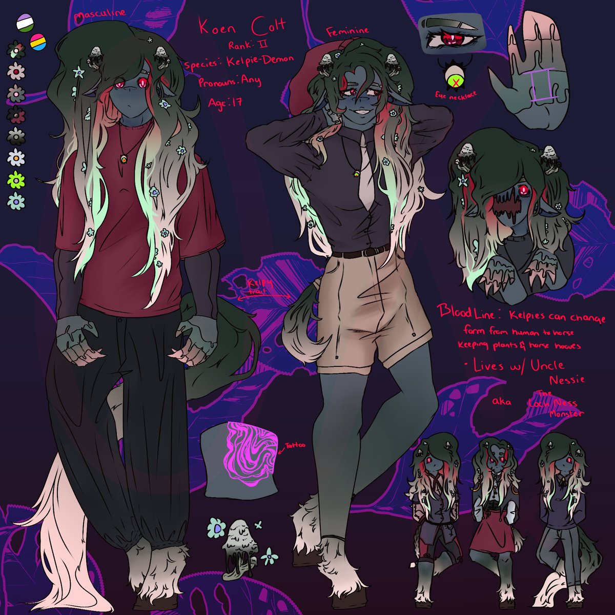 Oxoseus's tweet photo. TW: Eyestrain!!!  Made an actual dda oc who is based on kelpies!! Their name is Koen and has a bloodline family power of changing form! From a human or horse (though probably never does that last one until work) 🌿📷#DeviDeviAnarchy #DDA #DDAOC https://t.co/l4KlIWoFyl