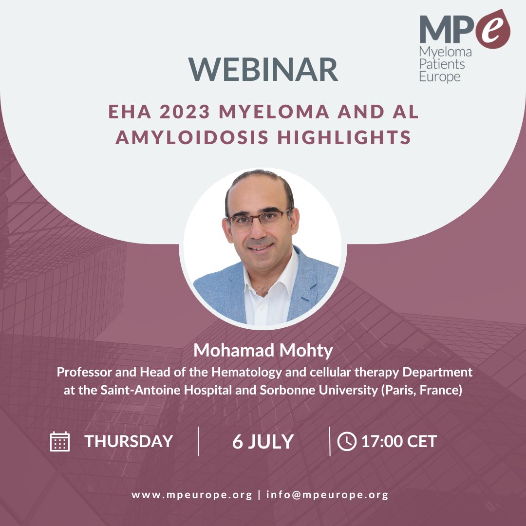MyelomaEurope's tweet photo. Join us on 6 July 2023 from 17:00 - 18:00 CET for the MPE webinar about #EHA2023's most important #myeloma and #ALamyloidosis updates presented at the congress.   

Click on the link to register: https://t.co/qCoCpf5wsr https://t.co/gCmms9qpbl