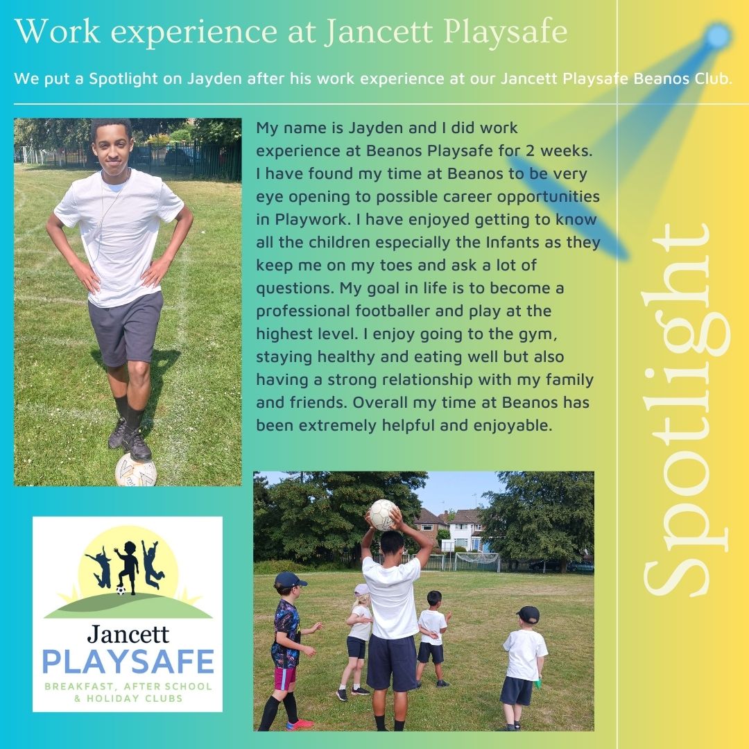 We put a Spotlight on Jayden who joined our Jancett Playsafe club Beanos for work experience. Thank you to Jayden for all your help, it was a pleasure having you at Club #thankyou #playwork #jancettplaysafe #afterschoolclub #wraparoundcare #EarlyYears