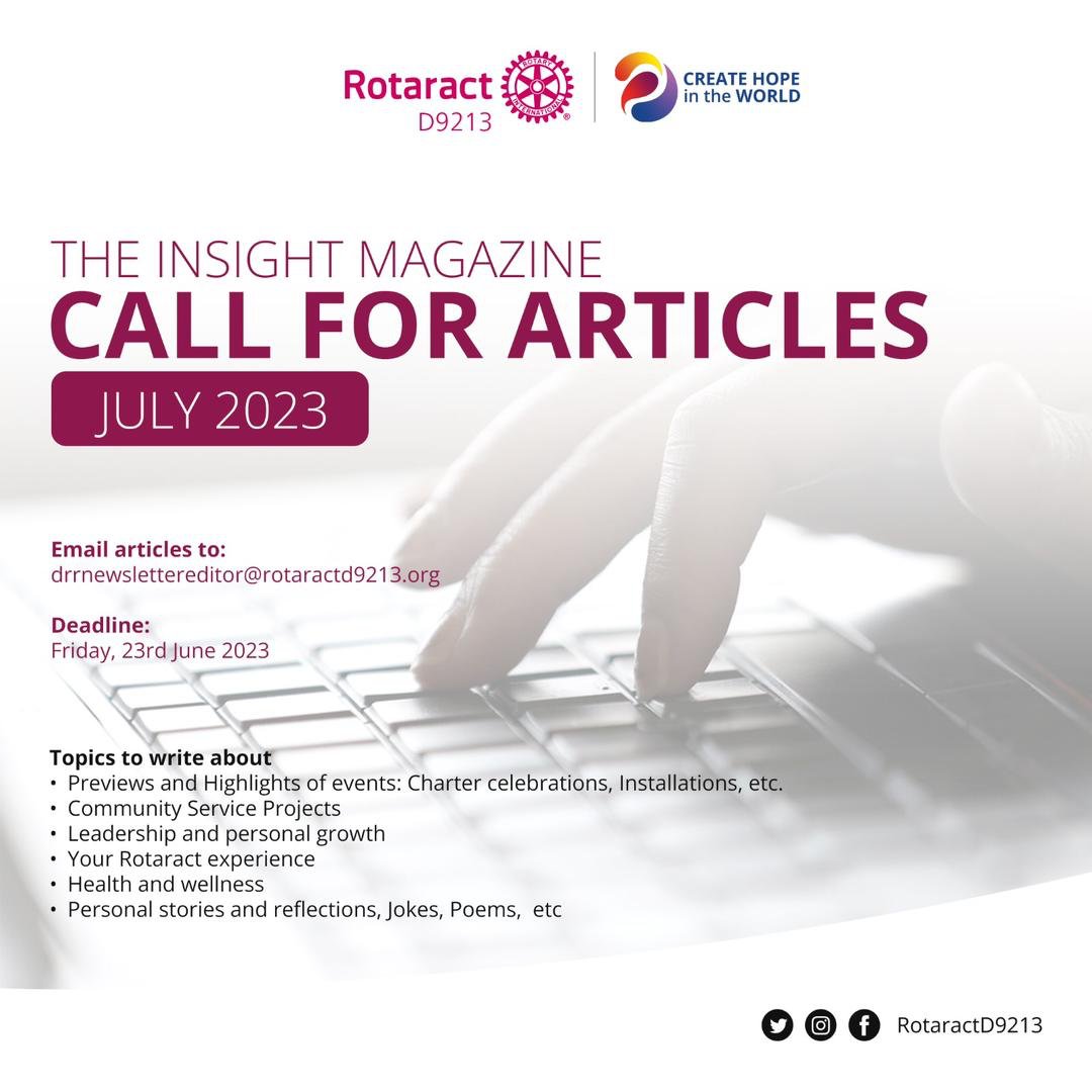 RotaractD9213's tweet image. Rotaractors, it's your time to shine! Share your remarkable stories and projects with the world in the July edition of #TheInsightMagazine. Inspire others with your passion and make a lasting impact. Submit your articles to drrnewslettereditor@rotaractd9213.org before 23rd June.