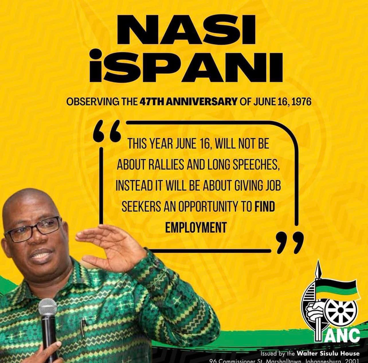 Lesufi's tweet photo. This year’s 16th June will be a different political programme. We reconnect with the unemployed. https://t.co/QTmRSeKCz1