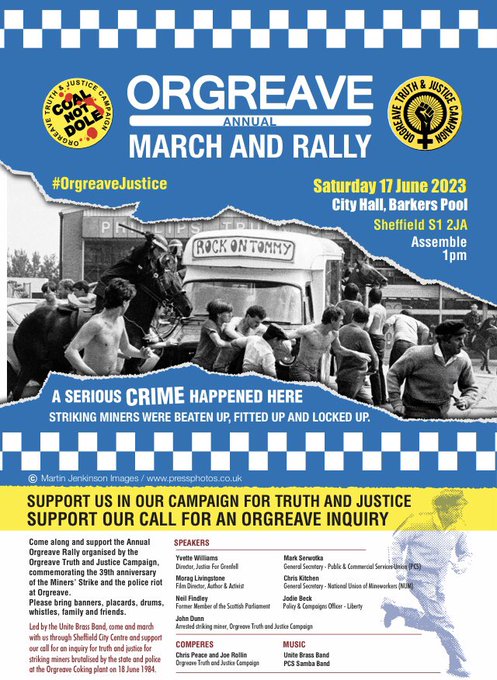Looking forward to ORGREAVE MARCH & RALLY on Sat 17 June 2023. @pcs_union General Secretary Mark Serwotka is one of the key speakers. @PcsSamba playing too!
#OrgreaveInquiry #OrgreaveJustice #OrgreaveRally23 1pm #Sheffield Commemorating 39th anniversary of #MinersStrike