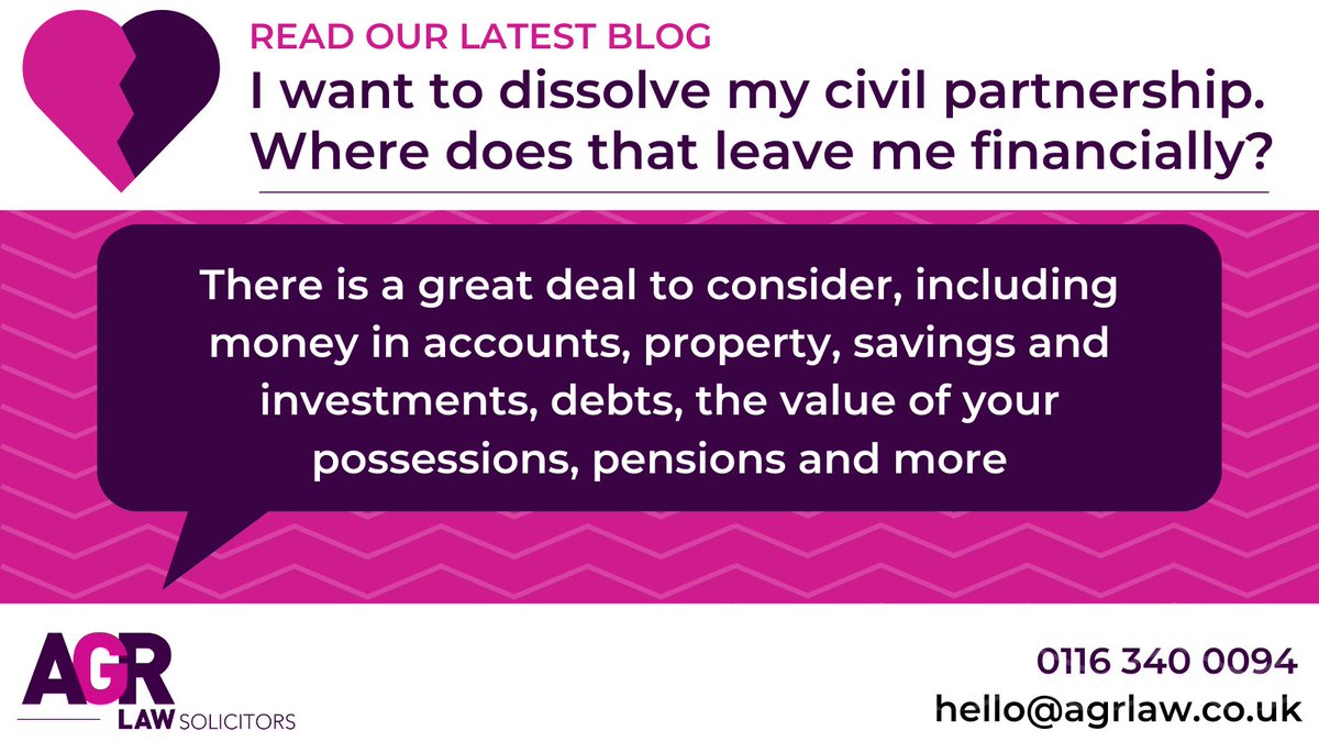 Working out finances is one of the most complicated parts of any civil partnership dissolution. Our latest blog outlines the main points you need to think about #MidlandsHour agrlaw.co.uk/i-want-to-diss…