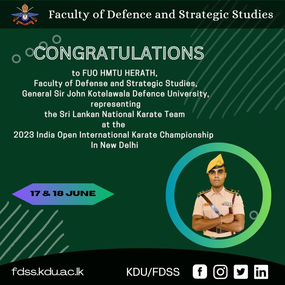 KduFdss's tweet photo. Sending our heartfelt wishes to FUO HMTU HERATH, proudly representing the Sri Lankan National Karate Team!  May your journey at the 2023 India Open International Karate Championship in New Delhi be filled with strength, determination, and triumph. https://t.co/n1hyvFBb45