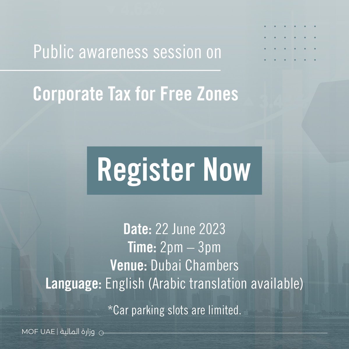MOFUAE's tweet photo. Register Now!
The Ministry of Finance and Dubai Chambers are hosting a public awareness session on Corporate Tax for Free Zones.
The session is taking place on the 22nd of June 2023 in Dubai Chambers.
Register now: https://t.co/e21TaBgMHD
#CorporateTax #UAECT #corporatetaxuae #mofuae