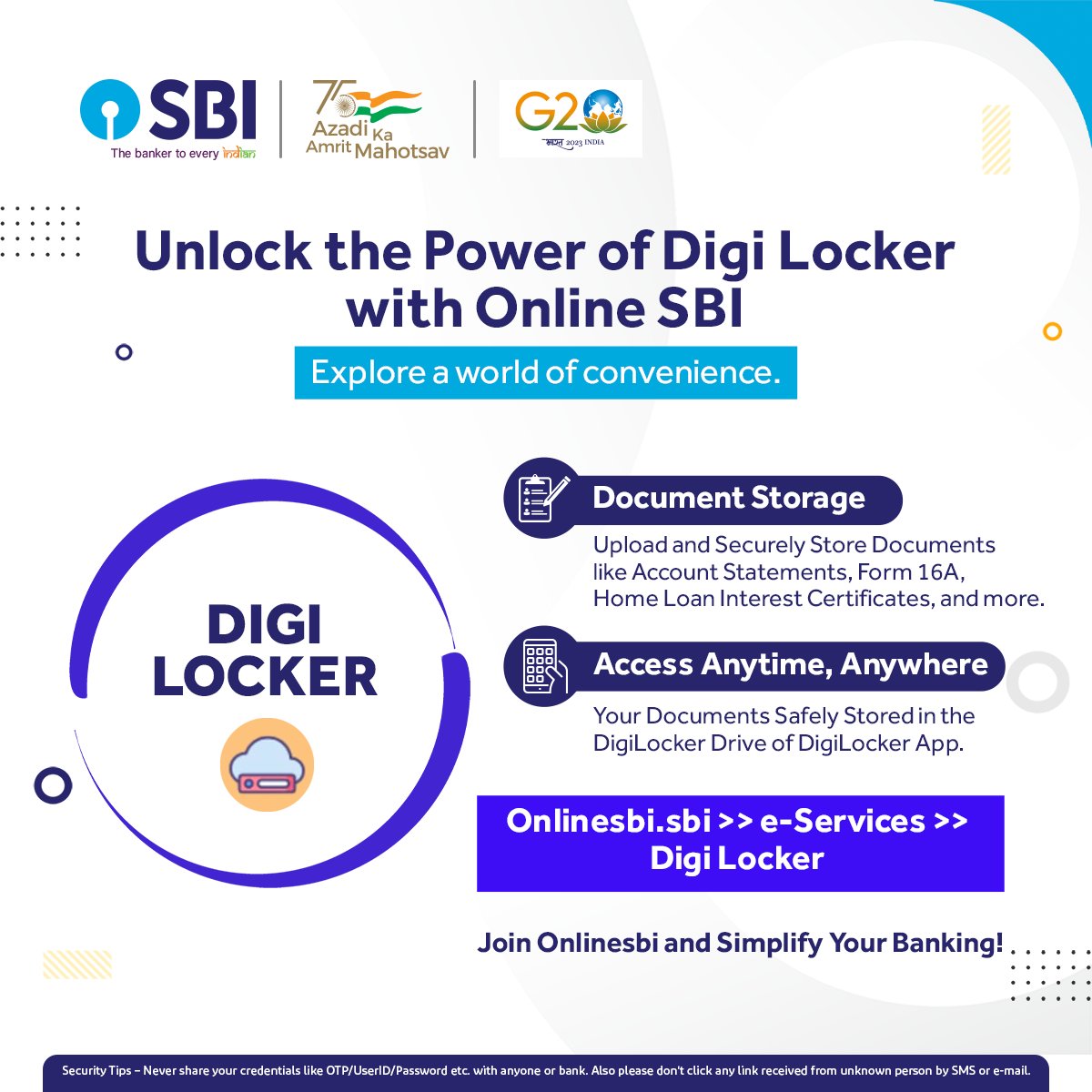 Unlock the power of Digi Locker with Online SBI.

#SBI #AmritMahotsav #Digilocker #Documentstorage #Paperless #Onlinedocumentstorage