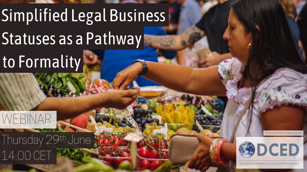 🔔Simplified Legal Business Statuses as a Pathway to Formality
🔔Thursday 29 June, 14:00 CET (08:00 EST)  

Register now for our upcoming webinar, presenting a recent DCED study, &amp; case studies from Ecuador and Cape Verde:

us02web.zoom.us/webinar/regist…