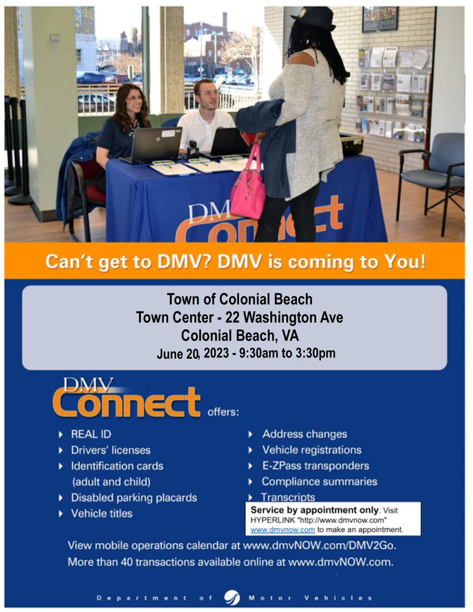 The DMV is coming to Colonial Beach on June 20th! Details below.