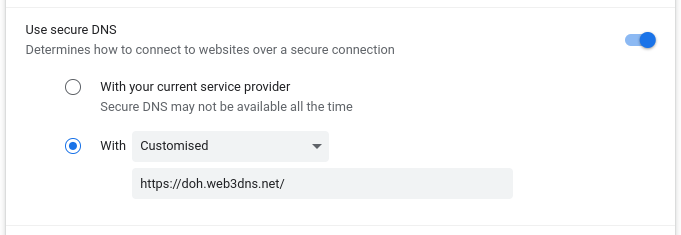 NameshakeReg's tweet photo. Want to get Handshake, ETH &amp; ICANN domains working in Chrome? ... do this

Settings -> Privacy and security -> Security, Safe browsing -> Use secure DNS

And make look like this (desktop)

NOTE: doh·web3dns·net is a binary rest/api for browsers, NOT a website !!!

🧵... https://t.co/7Hu2F4AC8f