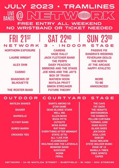 Buzzing to say we’ll be playing the outdoor courtyard at this years Tramlines Fringe Festival on Sunday 23rd July. It’s FREE entry all weekend so get yourselves down x