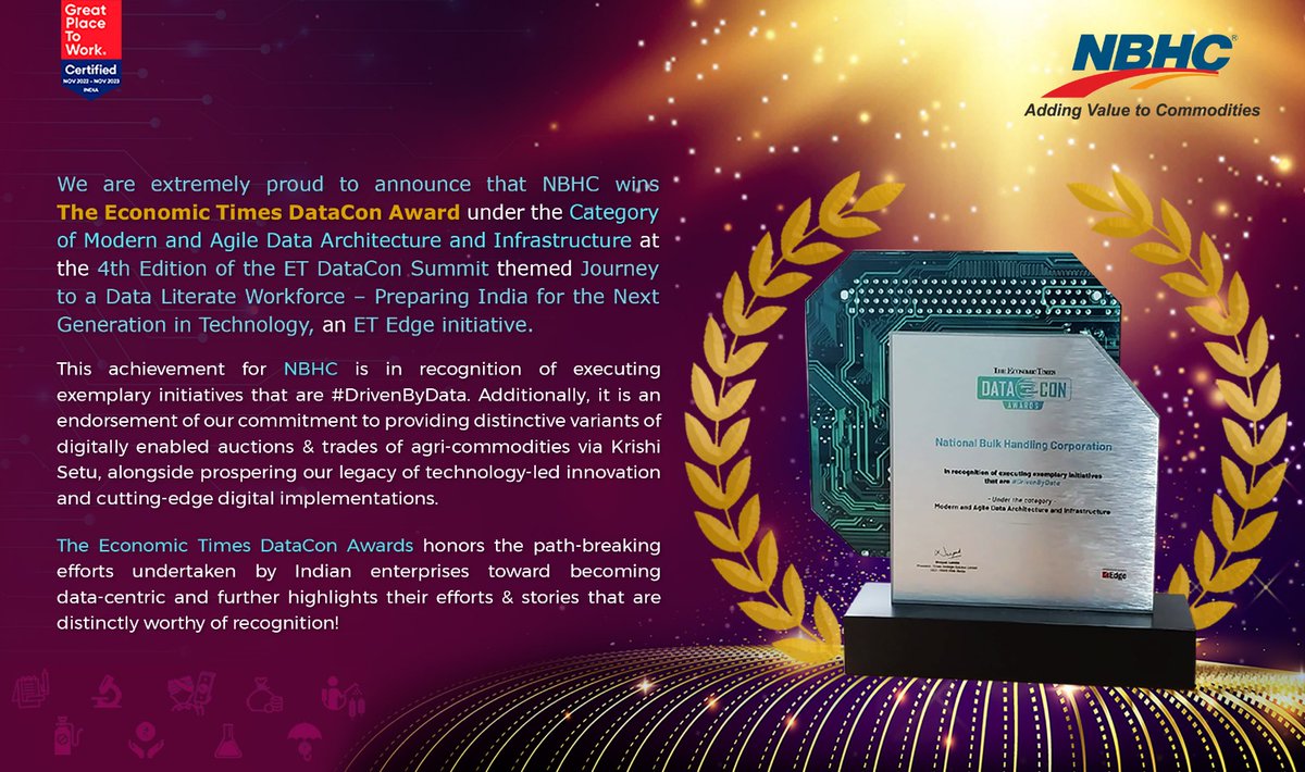 We are extremely pleased to announce that NBHC is the Winner of 'The Economic Times DataCon Award', at the 4th Edition of the ET DataCon Summit. We are grateful to ET Edge for recognizing our accomplishments and we appreciate everyone's support. #milestone #wednesdayinspiration