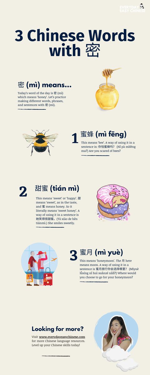 What does 密 (mì) mean? Find out the meaning of this Chinese character and learn new words and sentences in today's infographic.
#hsk #learnchinese #chinese #learmandarin #mandarin