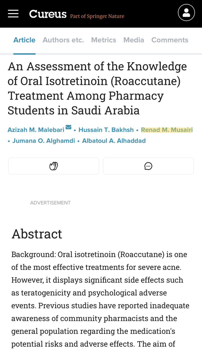 RenadMM9's tweet photo. تم بحمد الله نشر ورقة علمية لنا فيما يخص عقار الروكتان في مجلة Cureus ، بعنوان 
An Assessment of the Knowledge of Oral Isotretinoin (Roaccutane) Treatment Among Pharmacy Students 
in Saudi Arabia

الحمدلله 🤍

الرابط للفائدة : https://t.co/FOm1UVQ7uL https://t.co/jaOkXUKOQU