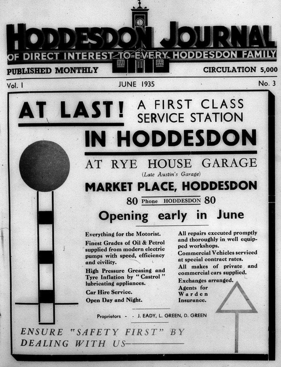 HertsArchives's tweet photo. At last! A first class service station in Hoddesdon! This eye-catching advertisement for Rye House Garage, in the Market Place, Hoddesdon appeared in the Hoddesdon Journal, June 1935.
#ServiceStations #Garages #Hoddesdon #Adverts https://t.co/j5QSkqomah