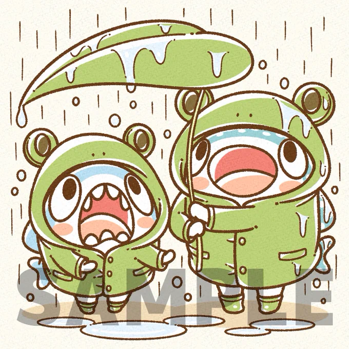 今月のFANBOXイラストプレゼント第二弾!  「カエルカッパを着て雨音を聞くちいさめとじんべえ」です! ちいさめが濡れないように傘を差し出してあげる優しさが、じんべえらしいですね!  ちなみに、カエルカッパはアニキ達とのおそろ! そのイラストもダウンロードできます! 