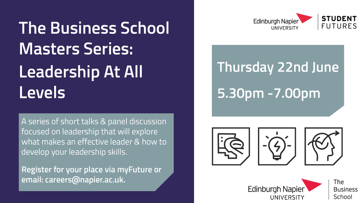 EdNapierAlumni's tweet photo. Are you interested in leadership? Attend this event delivered as part of @ENUBusSchool Master Series!

The event features a series of short talks followed by a panel discussion. Guest speakers will share their leadership journeys and provide advice on how to be a better leader. https://t.co/HDZz50NA8r