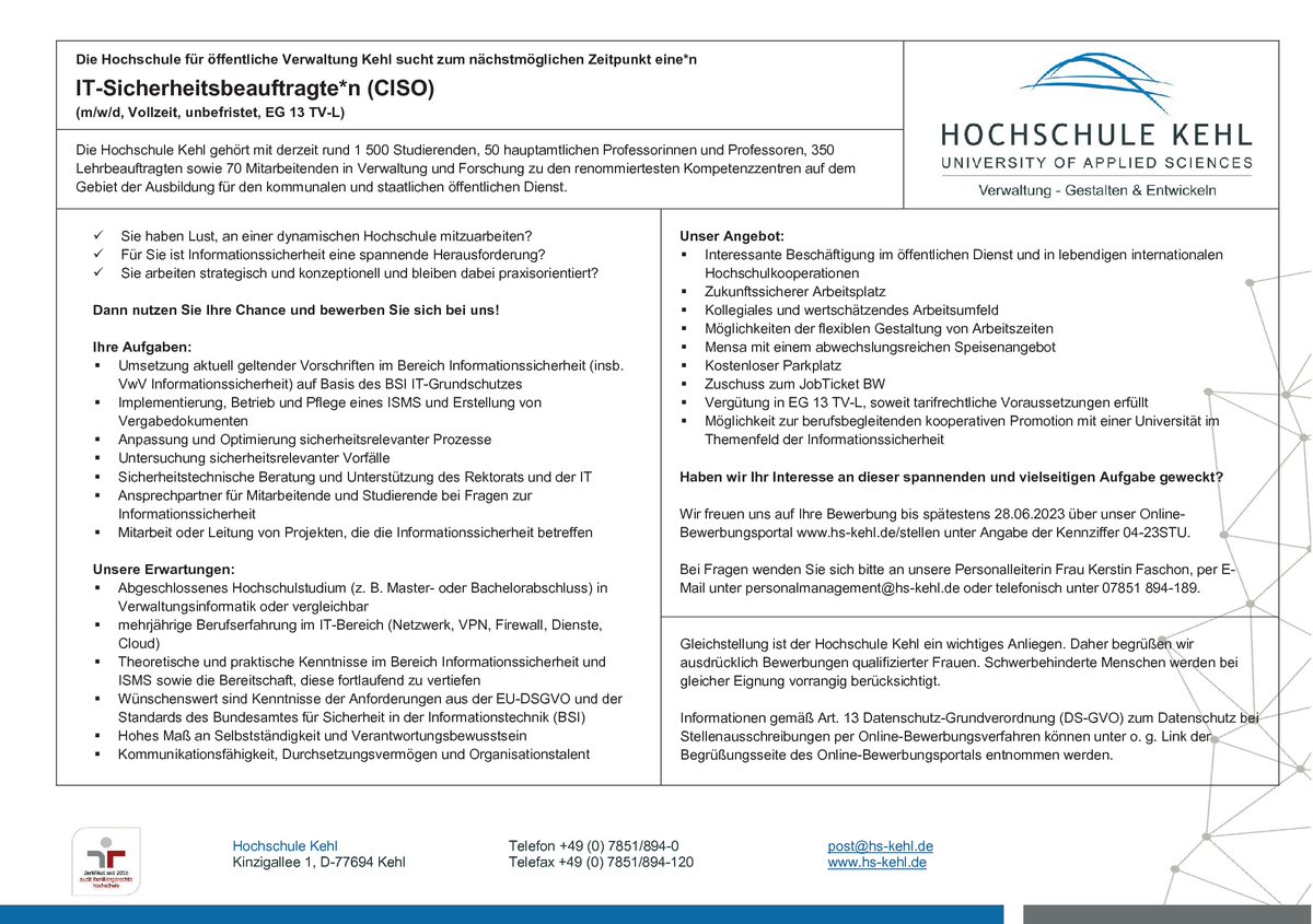 StellenmarktD's tweet image. Informatiker Verwaltungsinformatik m/w/d in Kehl, gesucht:
stellenmarkt-direkt.de/ads/127318565
#Kehl #Verwaltungsinformatik #Informatiker #informationssicherheit #itsicherheitsbeauftragter