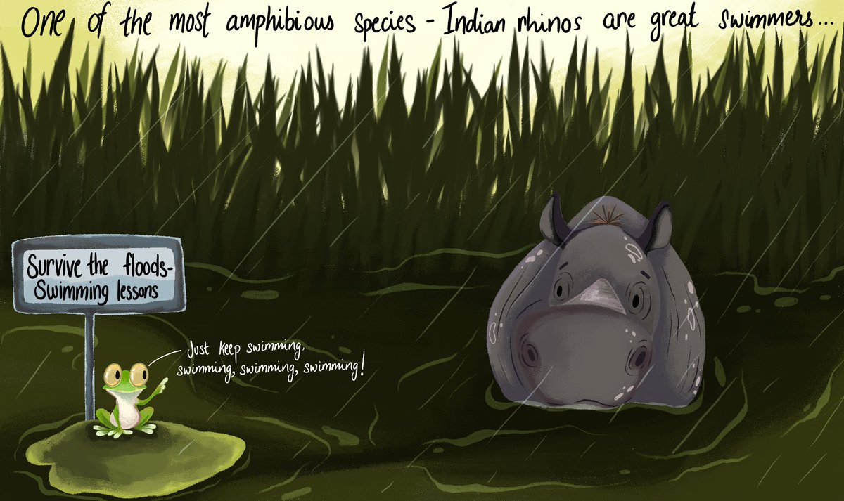Did you know that Indian rhinos are exceptional swimmers? These remarkable creatures are more than meets the eye!

Illustration by Upasana Chadha @tequilaNpaints 

#Indianrhino #SurprisingFacts #AdaptationInAction #rhino #wildart #comic #illustration