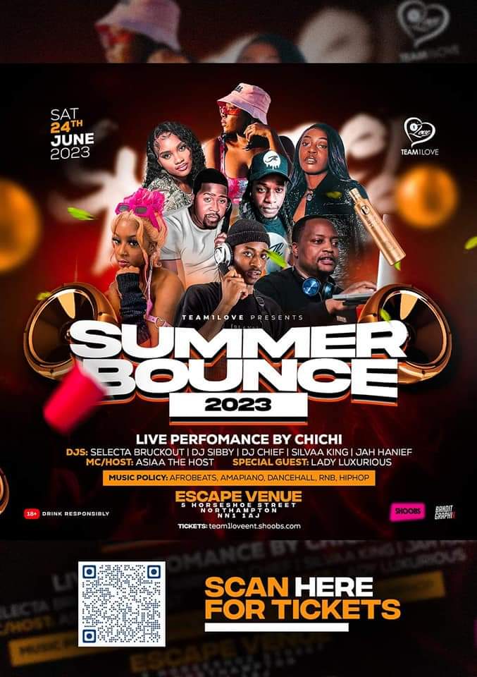 AfrobeatsNN's tweet photo. #SummerBounce ☀️⛱️
Location: Escape Venue Northampton 📍
Date: 24th June 2023 📅
Time: 22:30 - 4:00 🕙

Dresscode: Summerwear🩳😎

For tickets: https://t.co/cqLDogh7CC 🎟

#SummerBounce23 
#SummerBounce2023
#SummerBounce https://t.co/brdxxOZpyE