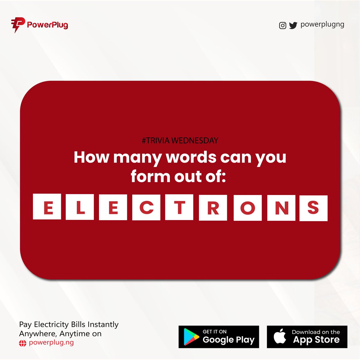 powerplugng's tweet image. Trivia Wednesday🥰

How many words can you form out of the word ‘ELECTRONS’

Form as many words as possible using the comment section😊

#triviawednesday #wednesdaythoughts
#trivia #deprem #earthquake
