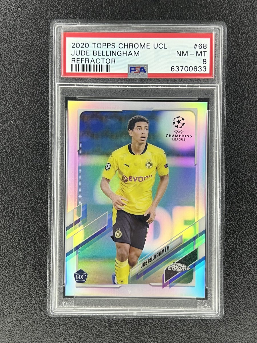infinitecards00's tweet photo. JUDE HAS ARRIVED, HALA MADRID! 

To celebrate, I’ll be giving this PSA Jude Bellingham Refractor Rookie 

To enter: 

- Follow me 
- Like and RT

- Comment who you are excited to see Jude ball with for 2x entry! 

Ships free to USA but open to everyone

GL! This draws Sunday. https://t.co/lZM1vZ3Mda