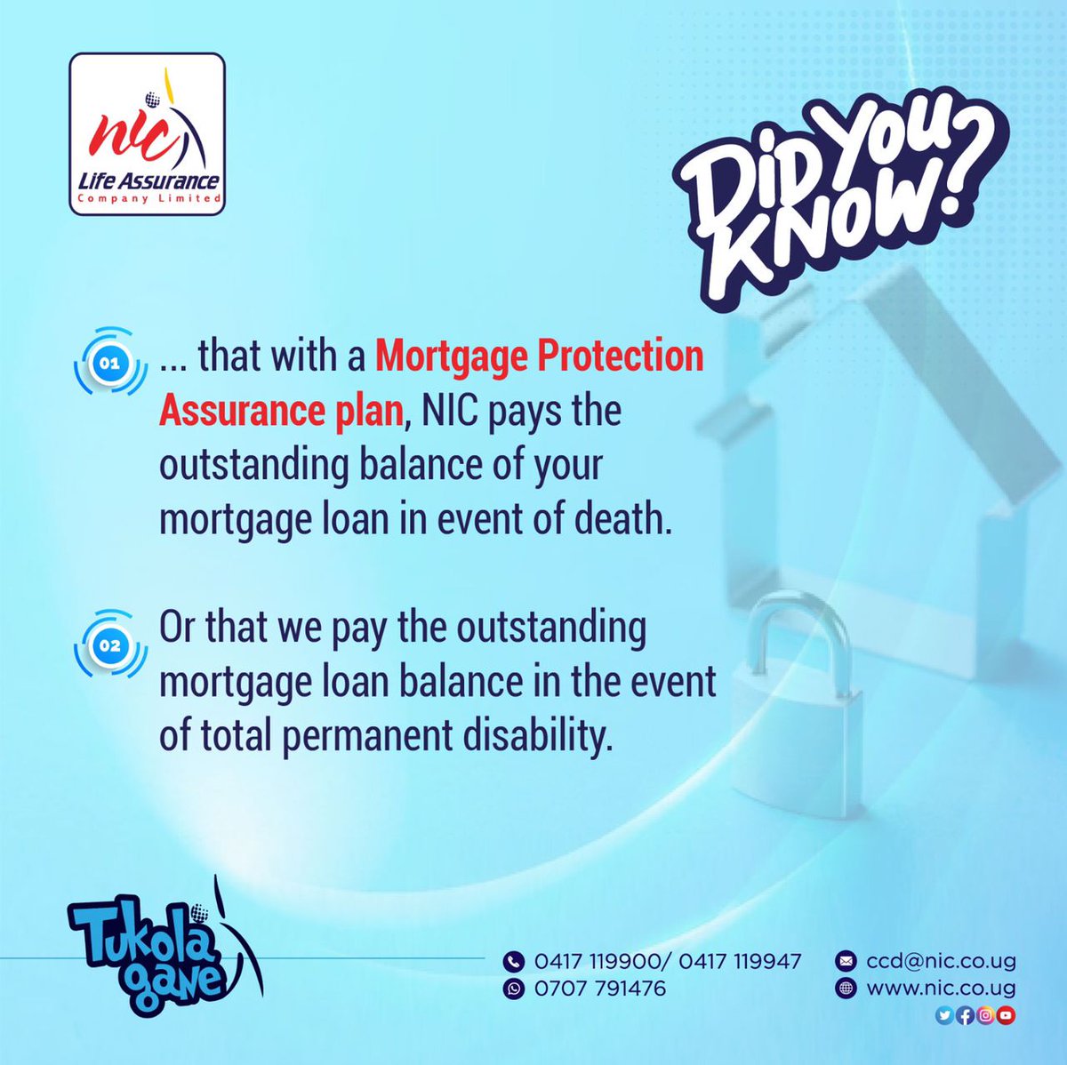 nicholdings's tweet photo. Did You Know?
Our Mortgage Protection Policy protects your mortgaged home or property and offers financial security to both you and the lender by clearing your outstanding loan balance in the event of total permanent disability or untimely death.
#NICLife #Tukolagane #Thread https://t.co/VBGH2MQfmq