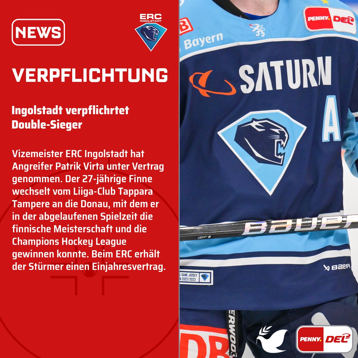 Vizemeister @ERCIngolstadt hat Patrik Virta verpflichtet. Der 27-jährige wechselt vom Liiga-Club Tappara Tampere an die Donau, mit dem er in der abgelaufenen Saison die finnische Meisterschaft und die Champions Hockey League gewinnen konnte. #PENNYDEL