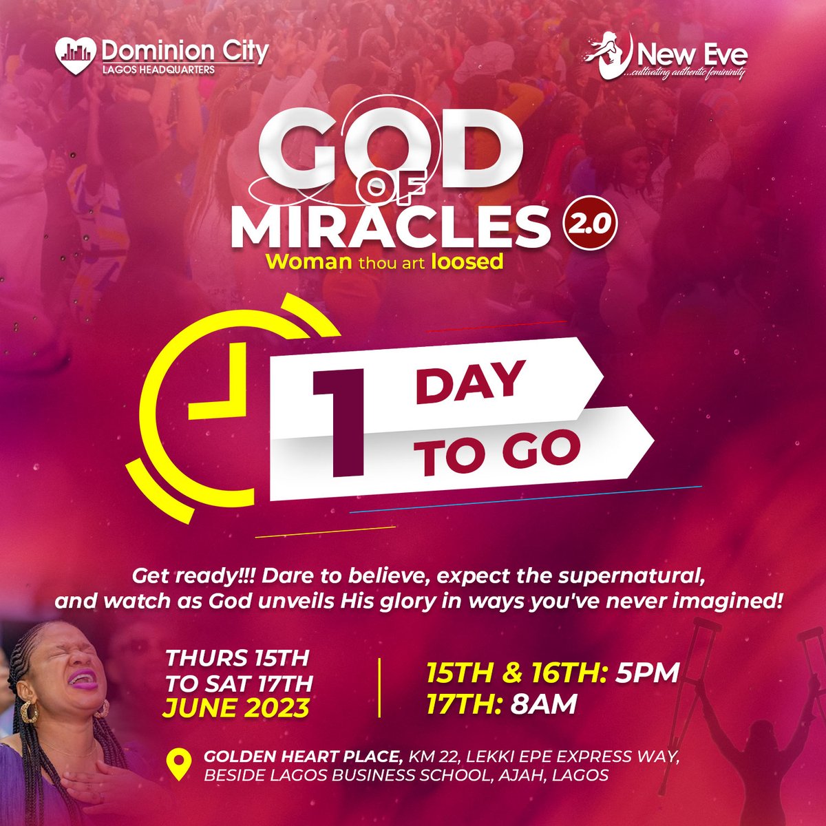 ONE DAY TO GO!!!

Somebody raise the roof!!!
Who is excited?

If you haven't written down your expectations, what are you waiting for???📷...

Join us tomorrow evening by 5pm, don't miss it for anything.

#DominionCity #DCLagosHq #GodOfMiracles #NewEve