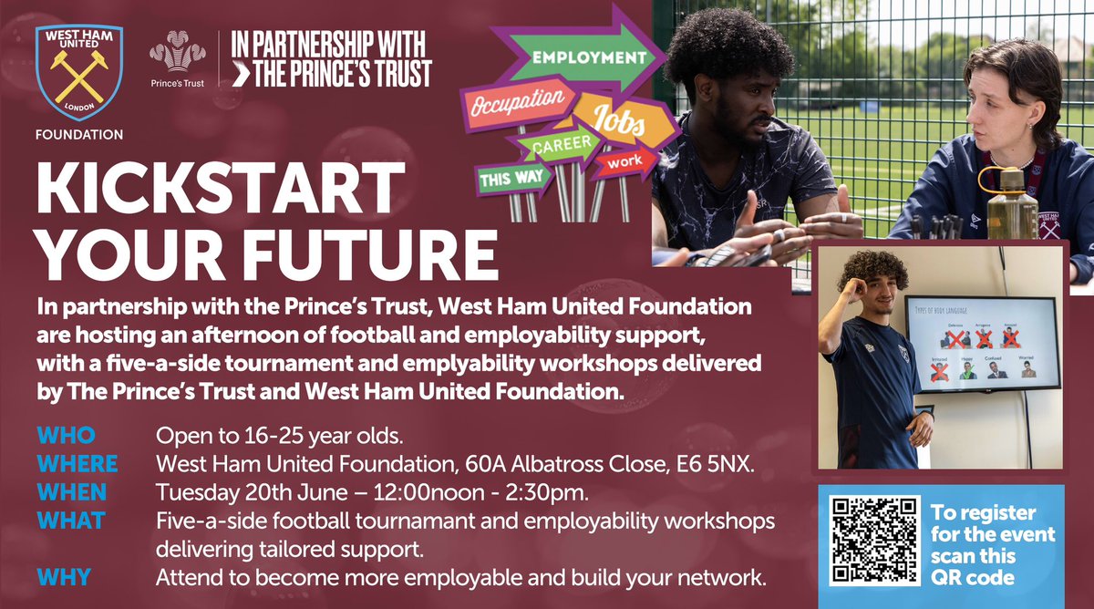 WHUFoundation's tweet photo. Join us next Tuesday for an exciting opportunity to #KickstartYourFuture πβ½οΈ
Young & eager to boost your employability skills? Look no further! Weβre hosting a ππ₯ππ event in partnership with the @PrincesTrust, combining football with employability workshops πΌπ
https://t.co/x1YrUcXcB8