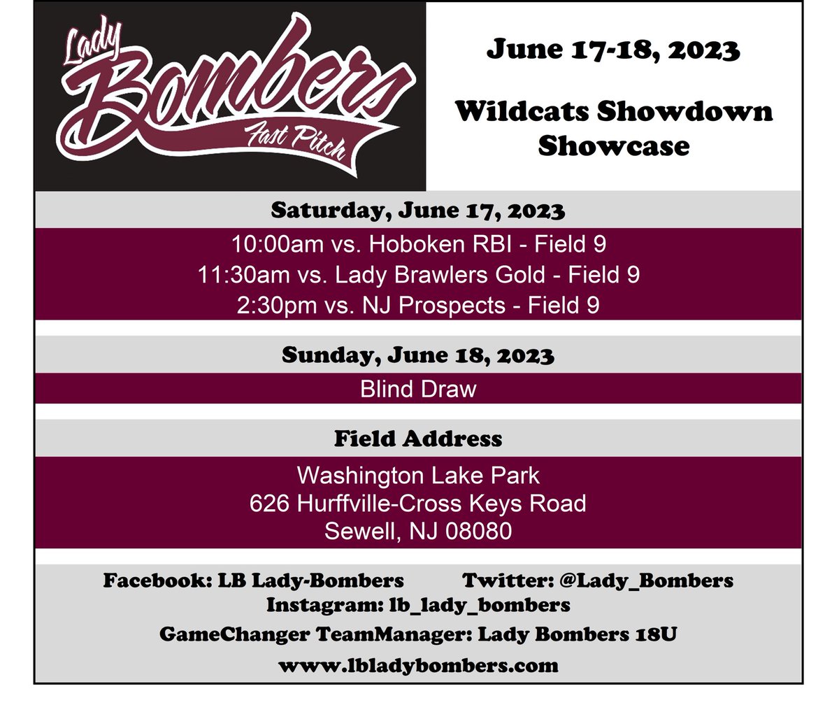 This weekend we are at the Wildcats Showcase! Here is our schedule 🥎

@VernSoftball @WilkesSoftball @StocktonSofball @YCPSoftball @TCNJSoftball @UofSSoftball @Lady_Bombers #uncommitted2024