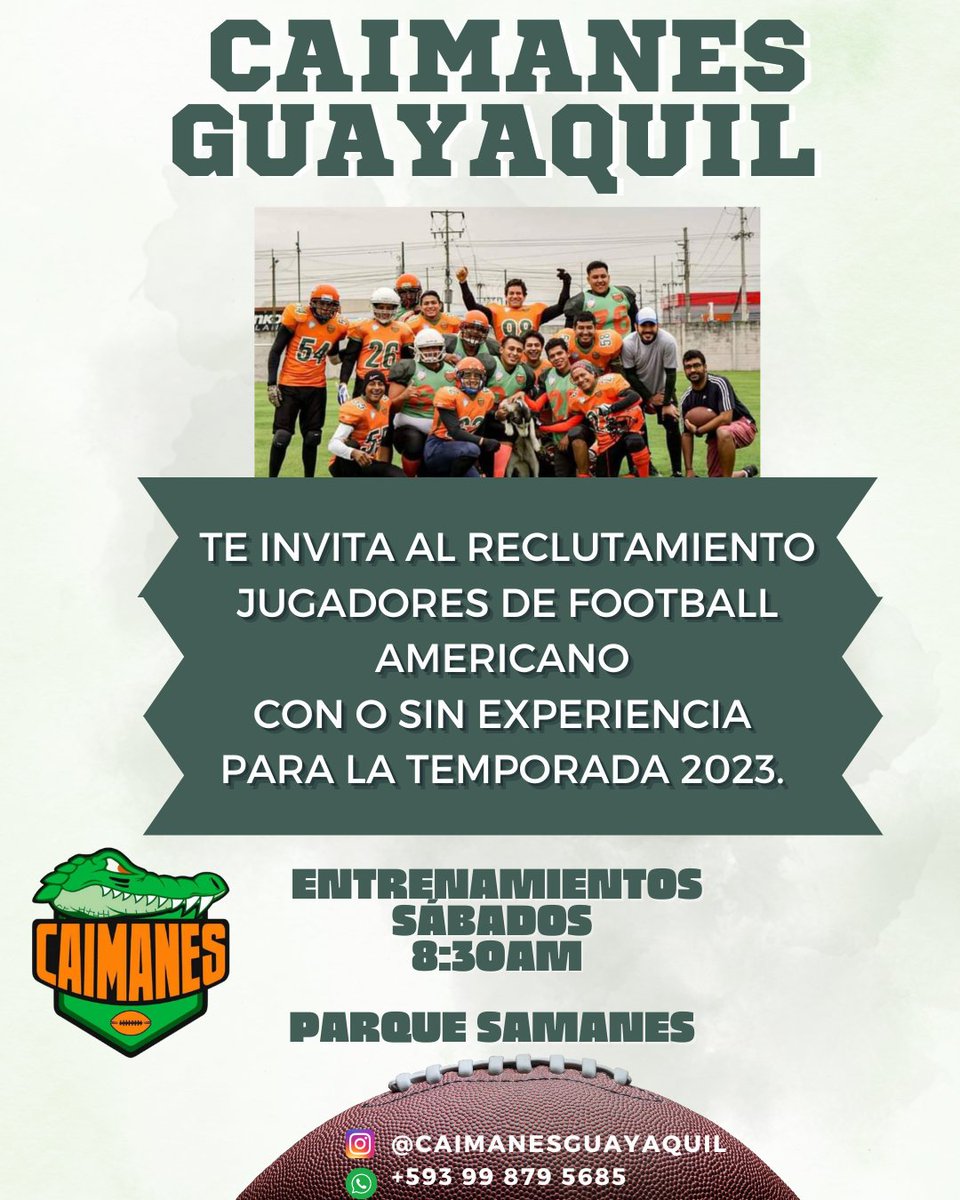 AlexFrancoRod's tweet photo. 🏈Arranca la temporada 2023 de #FootballAmericano en la zona sur y estamos reclutando jugadores, con o sin experiencia.

Súmate a nuestros entrenamientos y disfruta de este gran deporte. Contamos con equipaciones y uniformes.

Regalamos un RT para llegar más lejos 🏈@Caimanes_GYE https://t.co/1GpSjrYLlx