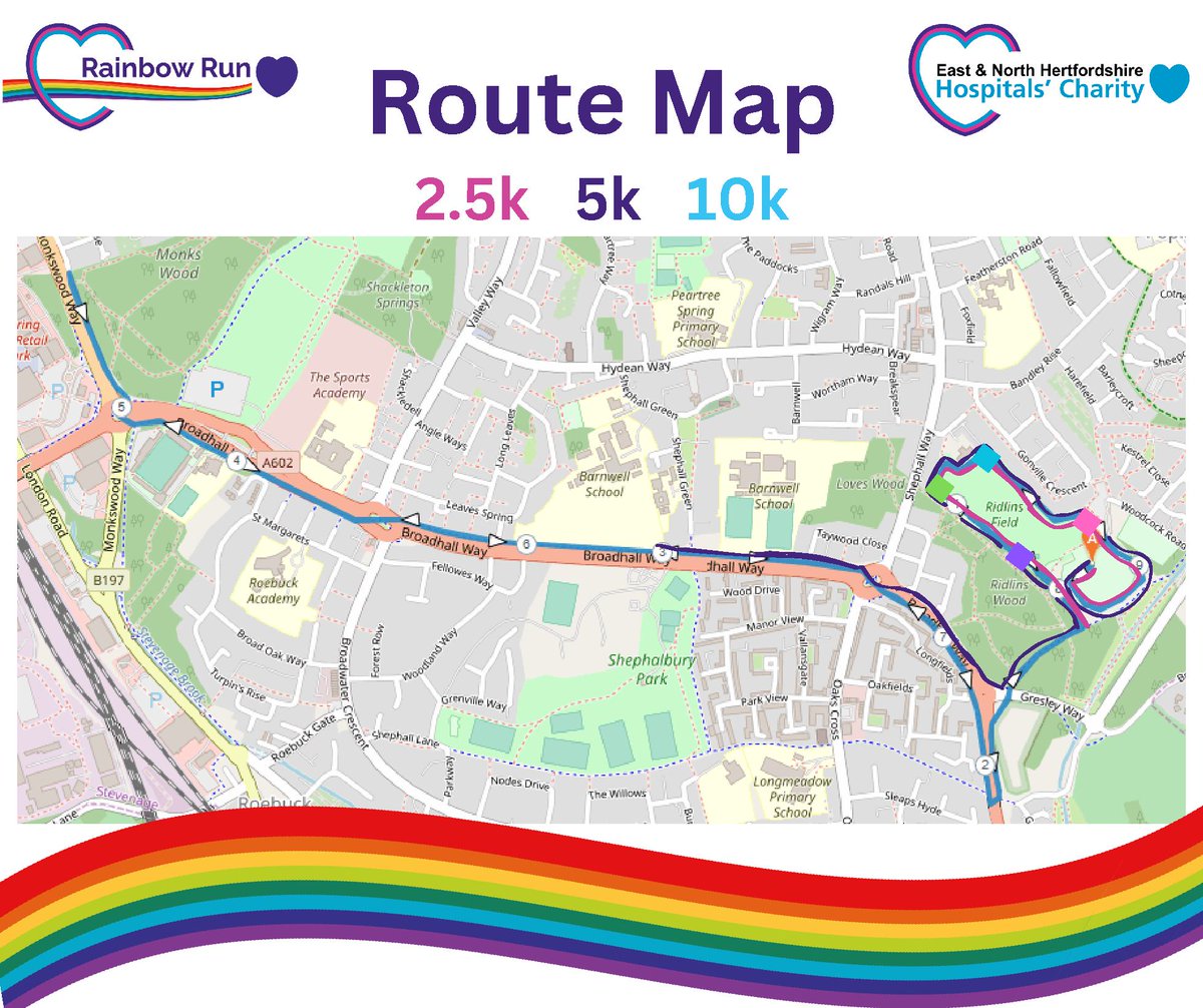 We're looking forward to seeing everyone at our Rainbow Run on Sunday 25 June at Ridlins Athletics Stadium! 🌈

Here's a handy map of the 3 routes - 2.5k, 5k and 10k 🗺

There's still time to sign up for this fantastic, family-friendly event at: enhhcharity.org.uk/rainbow 🌈