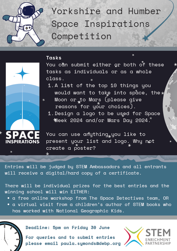 We have had some fantastic entries for our Yorkshire and Humber Space Inspirations competition.

It isn’t too late to enter.  Deadline 30th June.

#space #themoon #mars #worldspaceweek #WSW2024 #marsday #marsday2024 #SpaceInspirations @ESERO_UK @STEMLearningUK