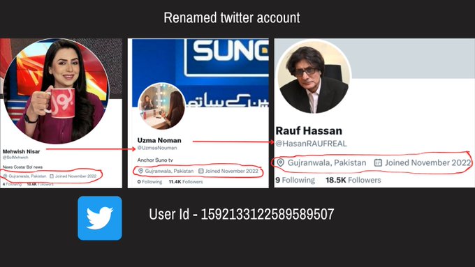 WhBlowers's tweet photo. Fake #Twitter ID Busted: Mehwish Nisar - @BolMehwish, a fake @BOLNewsEnglish anchor Twitter ID, which was created in November 2022 and had 10.6K followers, has been renamed as Uzma Noman - @UzmaaNouman, anchor at @SunoTvOfficial https://t.co/NKzgvWPak1